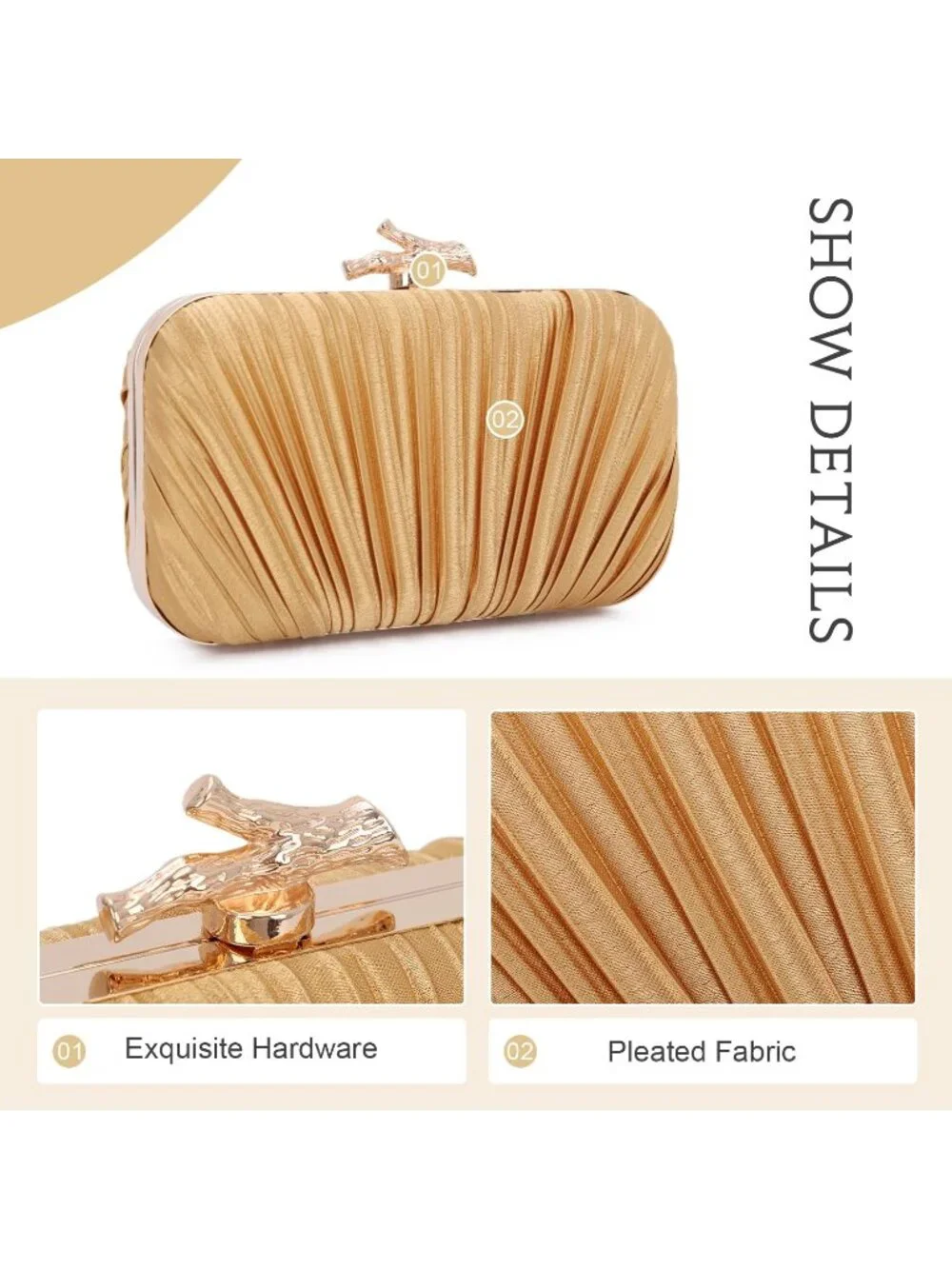 👜 Women's Dark Gold Evening Bag Pleated Clutch Bag with Chain for Wedding Party